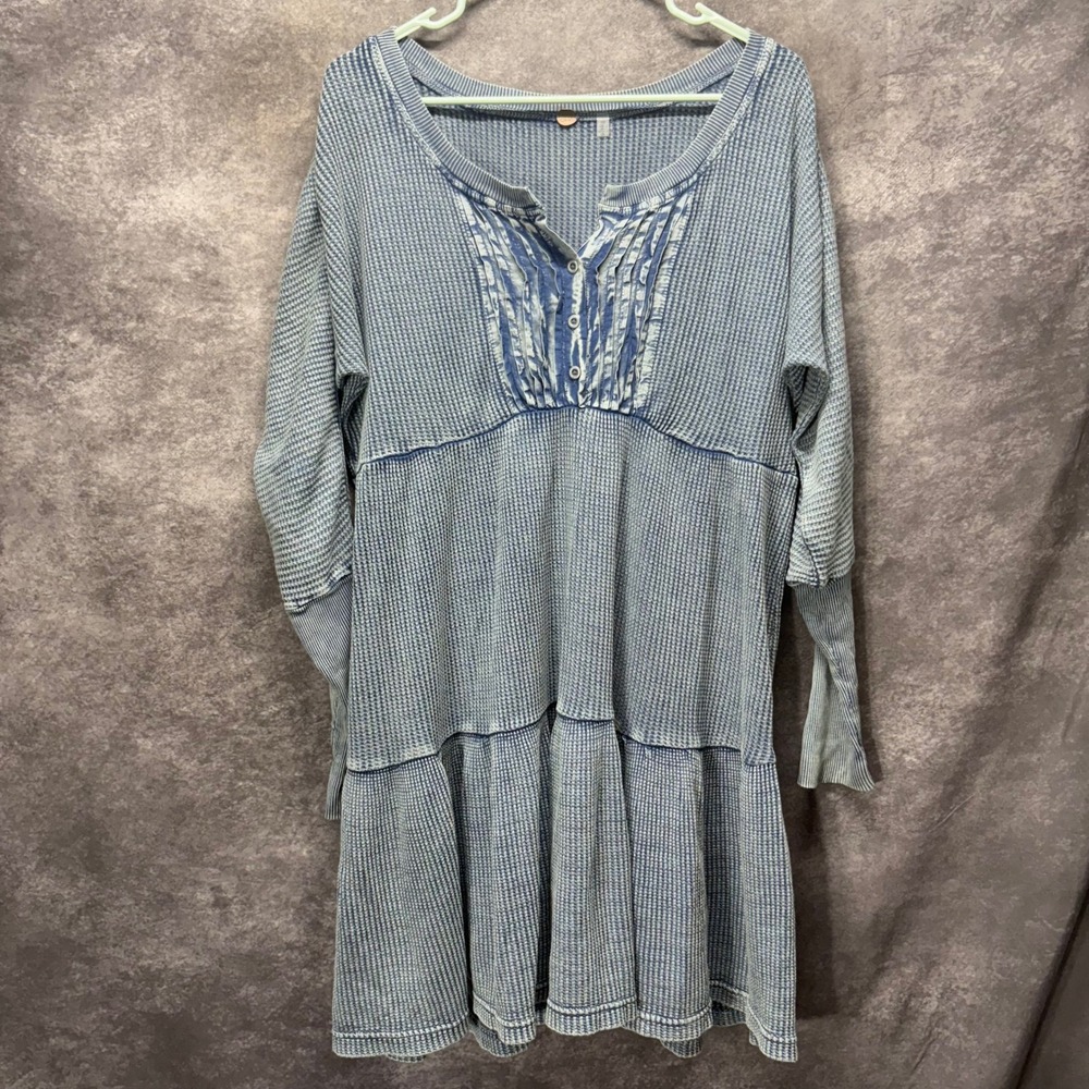 Free People FP One Jolene Waffle Knit Tiered Mini Dress Size S Blue Long Sleeve